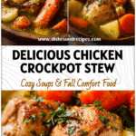 A hearty chicken and vegetable stew with carrots and herbs served in a bowl, perfect for healthy fall crock pot meals.